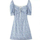 French Dress Lace Up Puff Sleeves Thin Waist Floral Midi Dress
