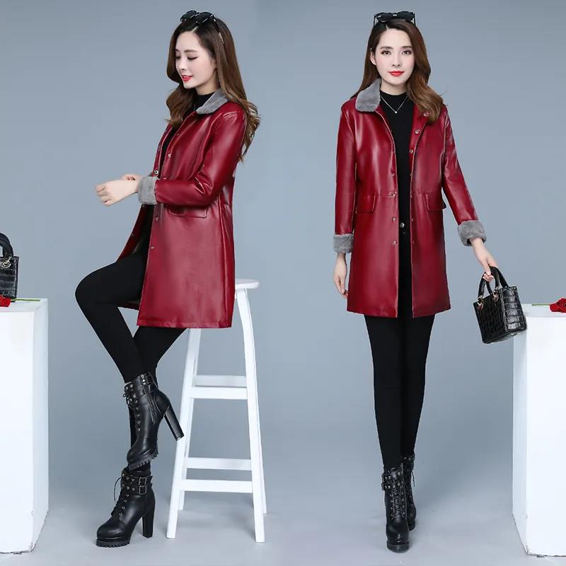 Winter Women's Leather Jacket Fashion Loose Mid-length Leather Jacket Plus Cotton Thick PU Leather Large Size Leather Jacket
