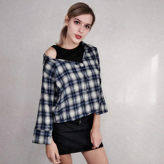 2pcs/set Autumn Plus Size Skirt Suit Female Plaid Shirt + Denim Skirt Two-piece Suit Women Outfits