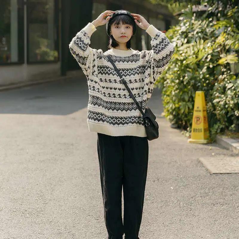 Autumn Winter Women Sweater Pullover Knit Jumpers Casual Loose Striped Pull Korean Knitwear Top Girls Student Retro Vintage Sweater Short Warm O Neck