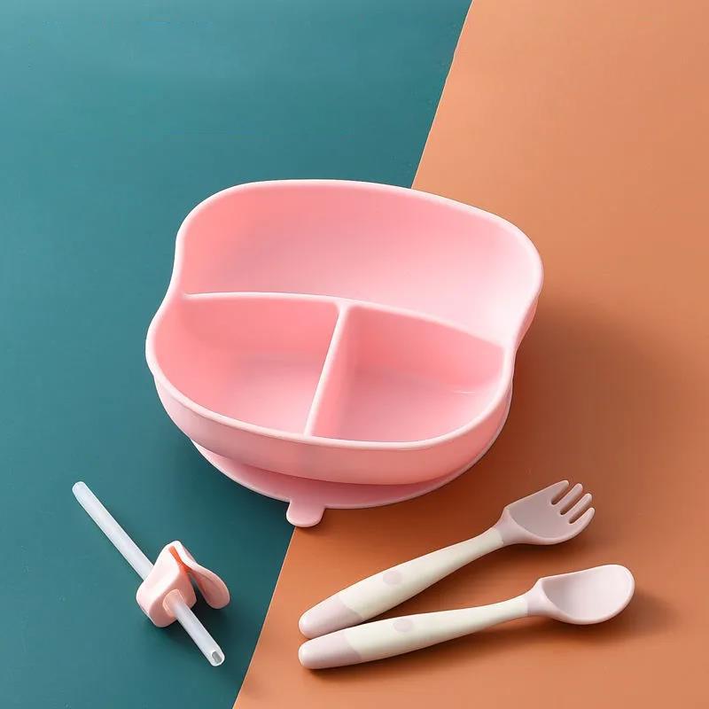 Baby Dinner Plate Baby Food Supplement Tool Complete Set of Children's Dinner Plate, Grid Eating Set All Silicone Tableware with Suction Cup