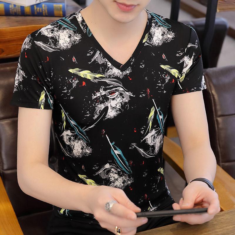 Ice Silk Short-sleeved T-shirt Men's Sports T-shirt Trend Wild Handsome Men's Quick-drying V-neck