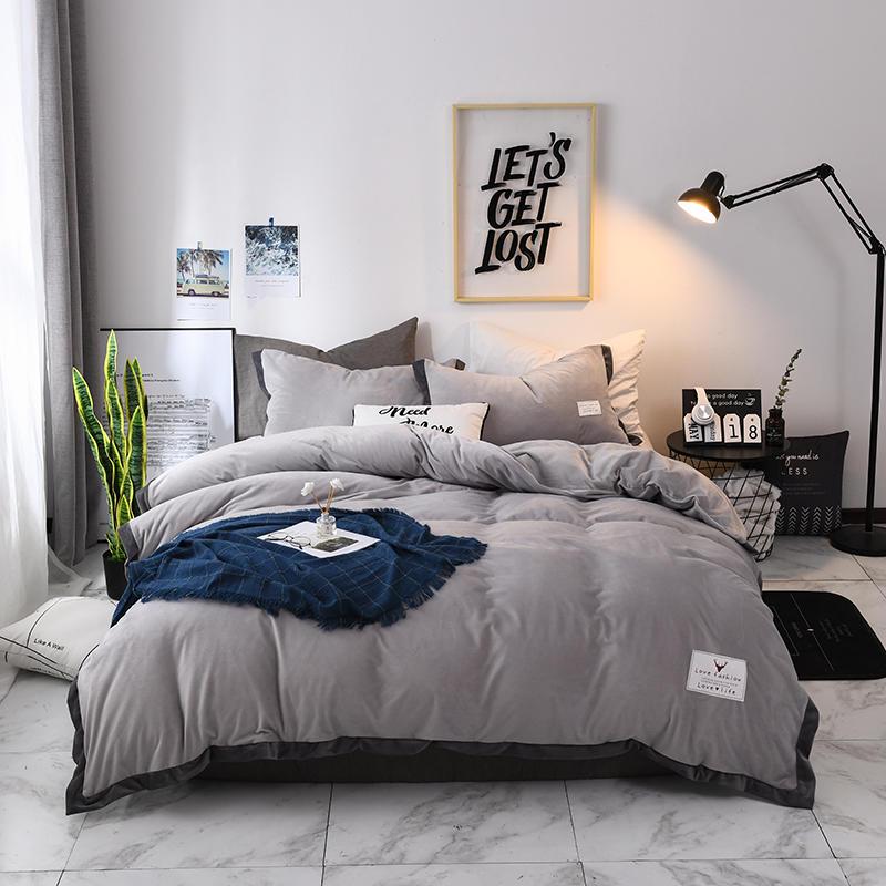 Cotton solid color wool fabric bedding set quilt cover sheet set pillowcase home four-piece