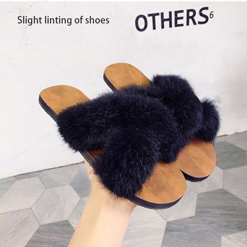Hairy Slippers Women Fall/winter Non-slip Soft Bottom All-match Cross-over Sandals and Slippers Cute Sexy Women's Flat-bottom Sandals and Slippers