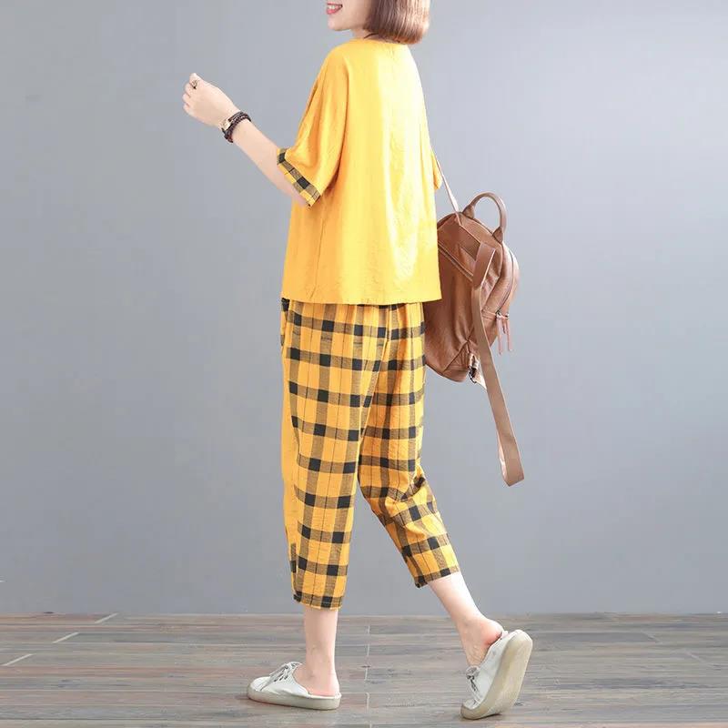 Suit Summer Plaid Casual Suit Loose Large Size Was Thin Two-piece Casual Suit Home Service Fabric Light and Breathable Sweat-absorbent