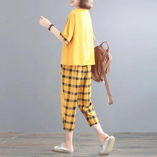 Suit Summer Plaid Casual Suit Loose Large Size Was Thin Two-piece Casual Suit Home Service Fabric Light and Breathable Sweat-absorbent