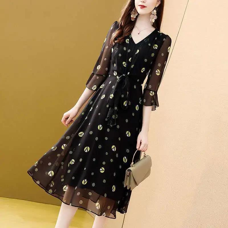 M-XXXXL Chiffon Floral Dress Summer V-neck 3/4 Sleeves Mid-calf Daily Wear Office Dating Party Lightweight and Breathable A-line Dress