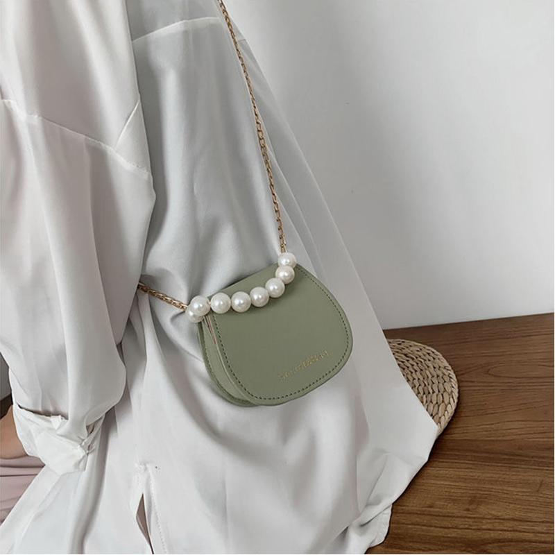 Women Mini Shoulder Messenger Bags Casual Female Crossbody Bags Portable PU Leather Big Pearl Metal Chain