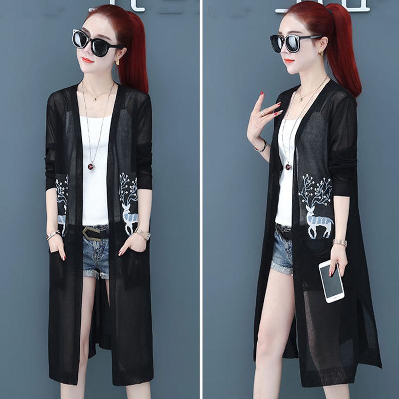 Ice Silk Cardigan with Women's Mid-length Knitted Shawl Long-sleeved Jacket Sunscreen Clothing Thin Air-conditioning Shirt Light and Breathable