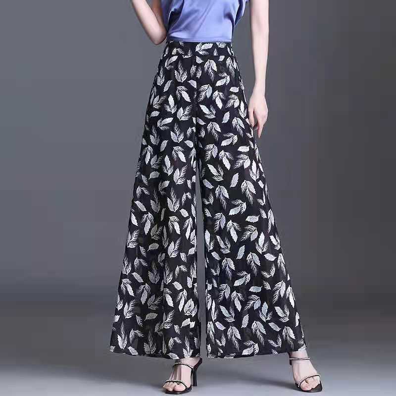 Flower Print Wide-leg Pants Women's Summer Large Size High Waist Loose Drape Thin Trousers Elastic Waist Skirt Pants