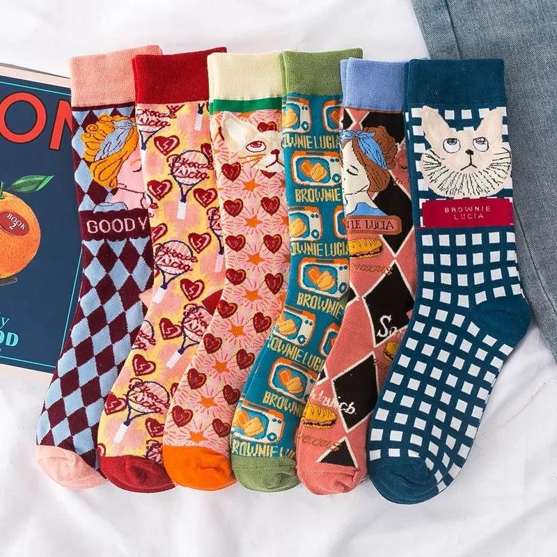 Three Pairs of Women's Socks Fashion Print Cartoon Pattern Socks Winter Thick Pile Pile Socks