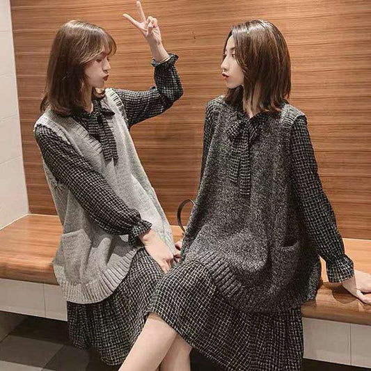 Fashion Plus Size Suit Women's Vest Loose Two-piece Sweater Spring and Autumn Mid-length Knitted Waistcoat