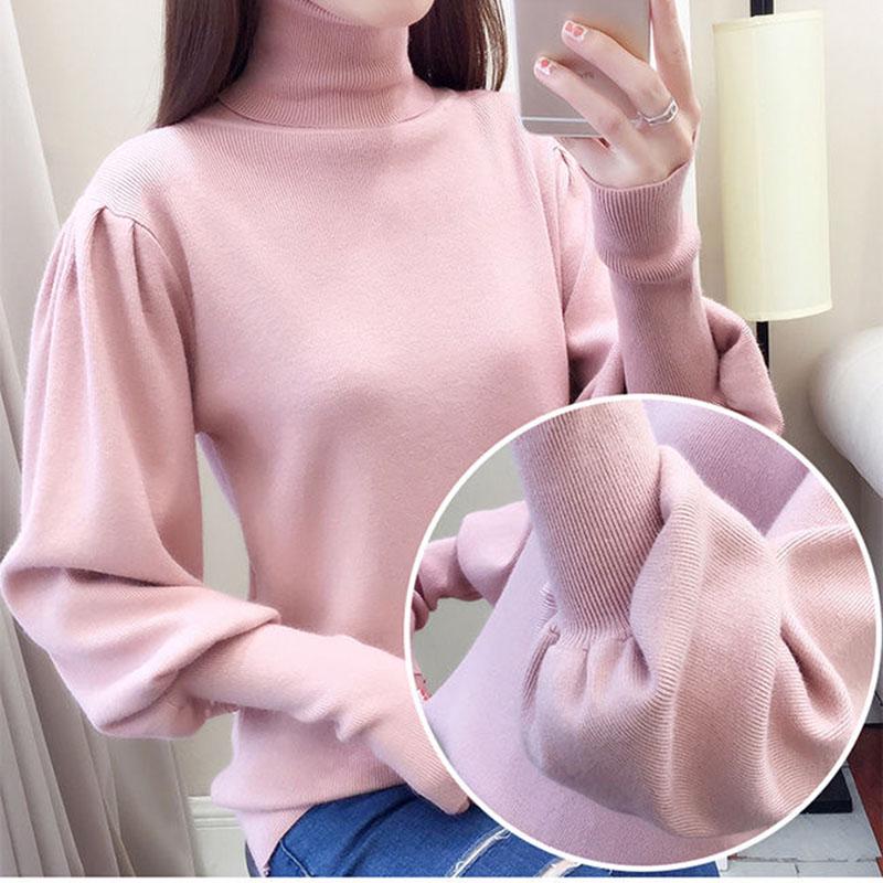 Women's Turtleneck Sweater Autumn Winter Lantern Sleeve Knit Top Loose Solid Color Pullover Sweater loose knitwear