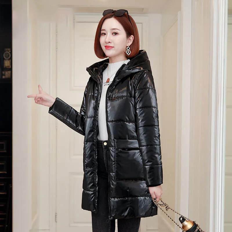 Glossy Down Padded Jacket Women's Winter Mid-length Padded Coat, Wash-free Thick Coat Padded Jacket