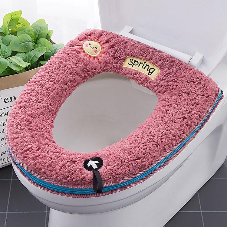 Lambswool Toilet Seat Covers Winter Warm Thick Toilet Seat Mat with Handle Sunshine Pattern Cartoon Cute Toilet Seat Cushion Bathroom Lavatory Pad