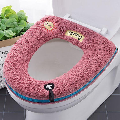 Lambswool Toilet Seat Covers Winter Warm Thick Toilet Seat Mat with Handle Sunshine Pattern Cartoon Cute Toilet Seat Cushion Bathroom Lavatory Pad