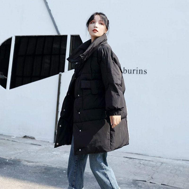 Winter Mid-length Loose Cotton Coat Ins Style Solid Color Casual Jacket Stand Collar Thickened Female Coat