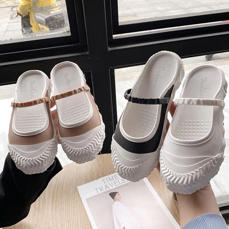 Solid Color All-match Slip-on Sandals and Slippers Baotou Half Slippers Women's Outer Wear Flat-heeled Loafers Comfortable and Light