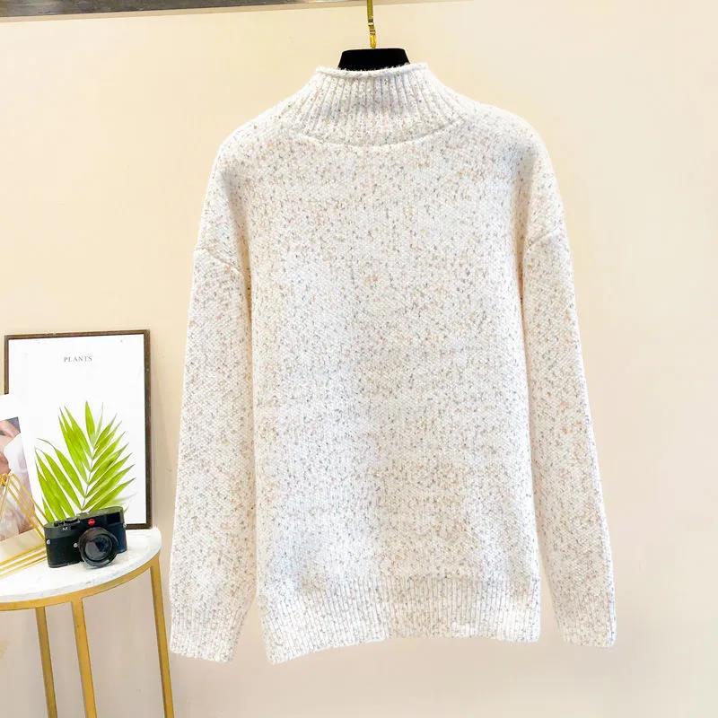 Faux Mink Half Turtleneck Sweater Rabbit Patch Loose Pullover Sweater Casual Plus Size Women's Sweater