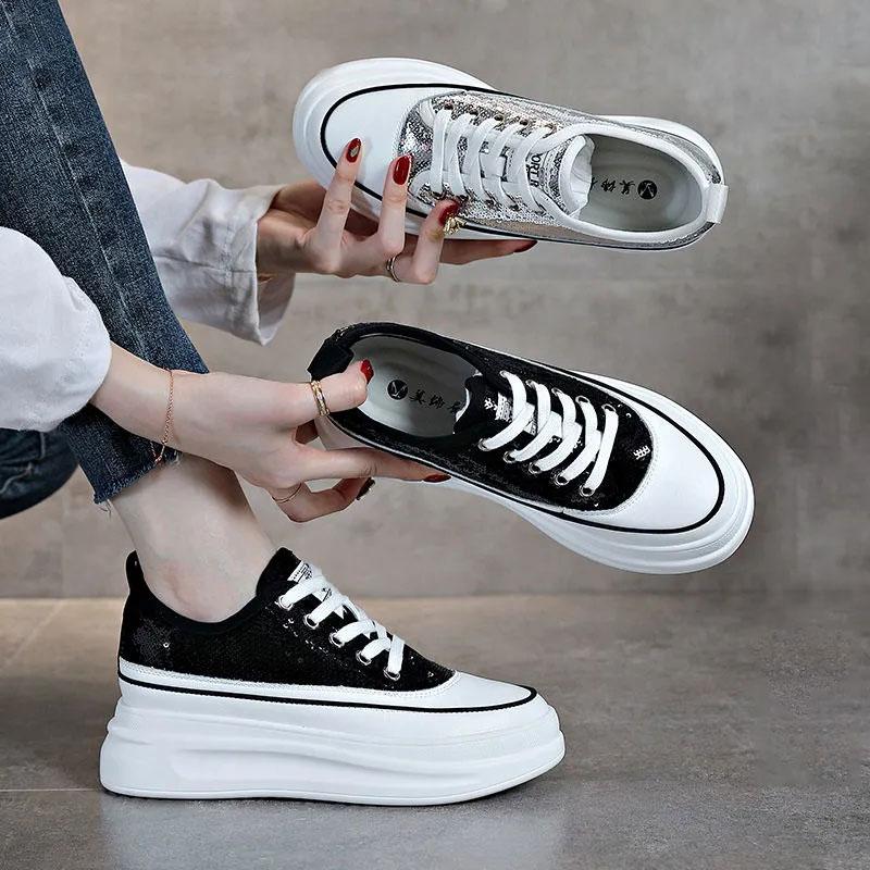 Women's Platform Shoes Sequined Shoes Leather Breathable Inner Increase White Shoes Casual Shoes Female Students' Thick-soled Shoes