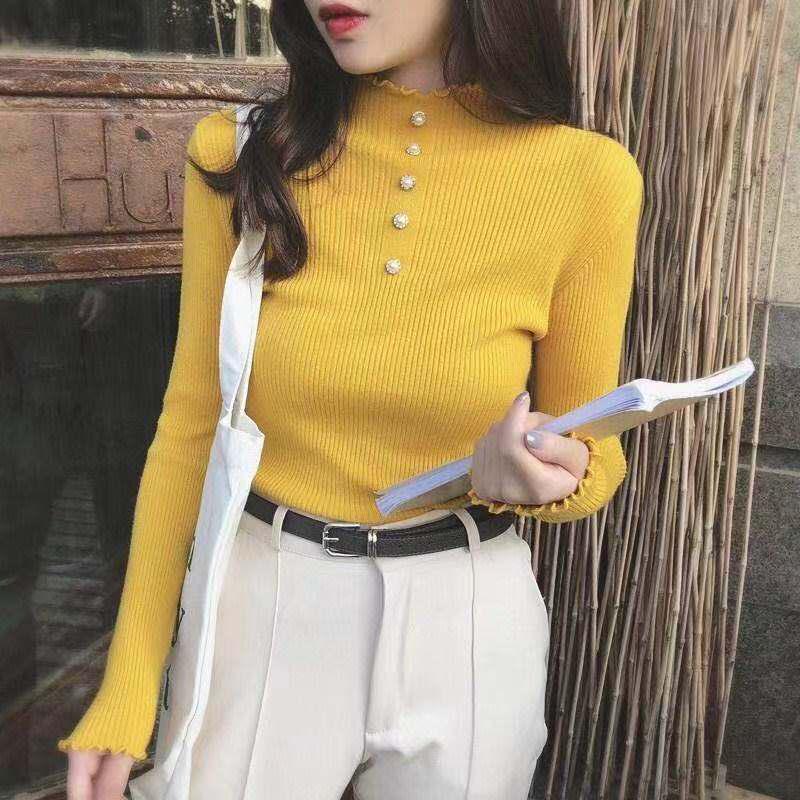 Pofulove Fungus Half Turtleneck Sweater Women's Beaded Bottoming Shirt Pullover Sweater Women's Slim
