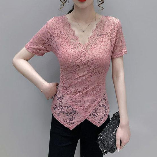 S-4XL Spring Summer Women's Tops Plus Size Solid Color Slim Lace Bottoming Shirts All-match V-neck Short-sleeved Shirts