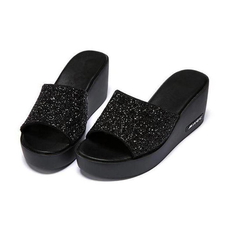 Outer Wear Thick-soled Ladies Wedge Sandals High-heeled Flip-flops Platform Shoes Black Sequined Fish Mouth High-heeled Sandals