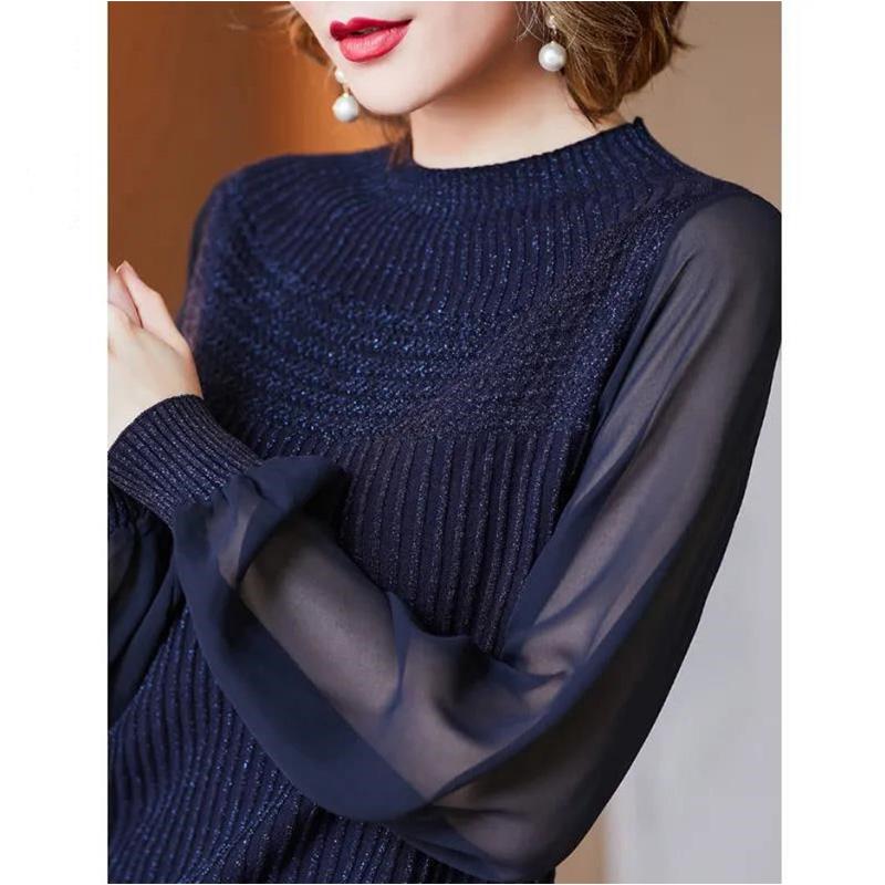 Temperament Lantern Sleeve Ladies Top Wear Mesh Half Turtleneck Knit Bottoming Shirt Long Sleeve Thin