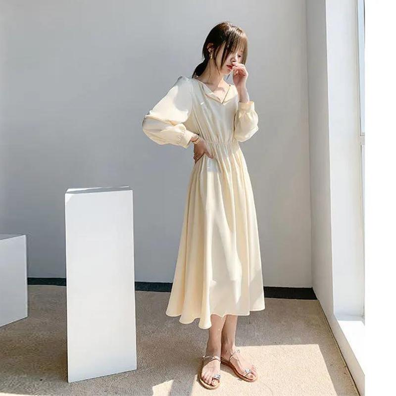Small Lapel Chiffon Dress Female 2021 Spring and Autumn Waist Loose and Thin Solid Color Small Fresh Mid-length Dress