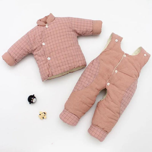 Baby Handmade Cotton-padded Clothes Washed Cotton Plaid Pure Cotton Children's Padded Jacket Cotton Trousers Suit Boys and Girls Autumn Winter Suits