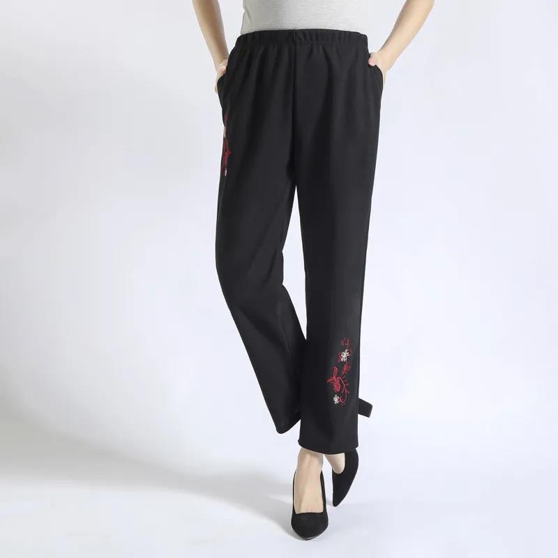 Middle-aged and Elderly Spring, Autumn and Winter Models Micro-elastic Elastic High-waist Embroidered Mother Wear Casual Pants Plus Velvet Thickening
