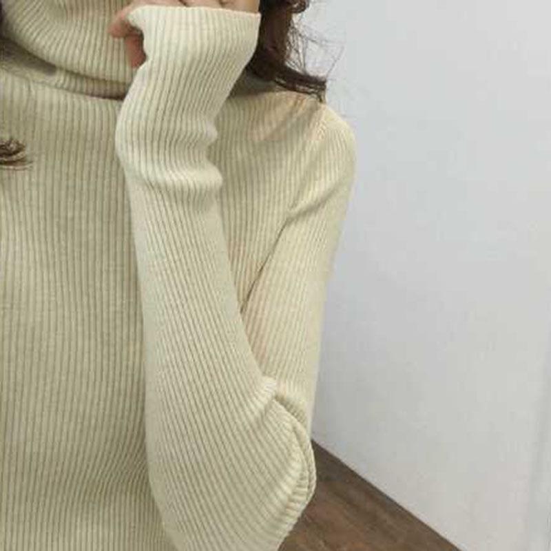 Pofulove Turtleneck Sweater Women Pile Collar Bottoming Shirt Autumn Winter Gloves Sleeve Slim Thick