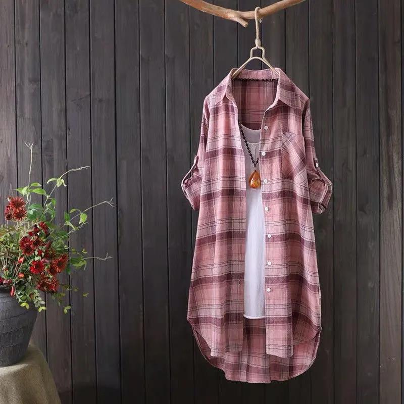 Casual Plaid Shirt Women's Mid-length Loose Cotton Shirt Long-sleeved Shirt Women's Fabric Comfortable and Breathable