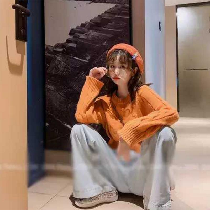 Pofulove autumn and winter  wind short sweater female students loose avocado green western sweater