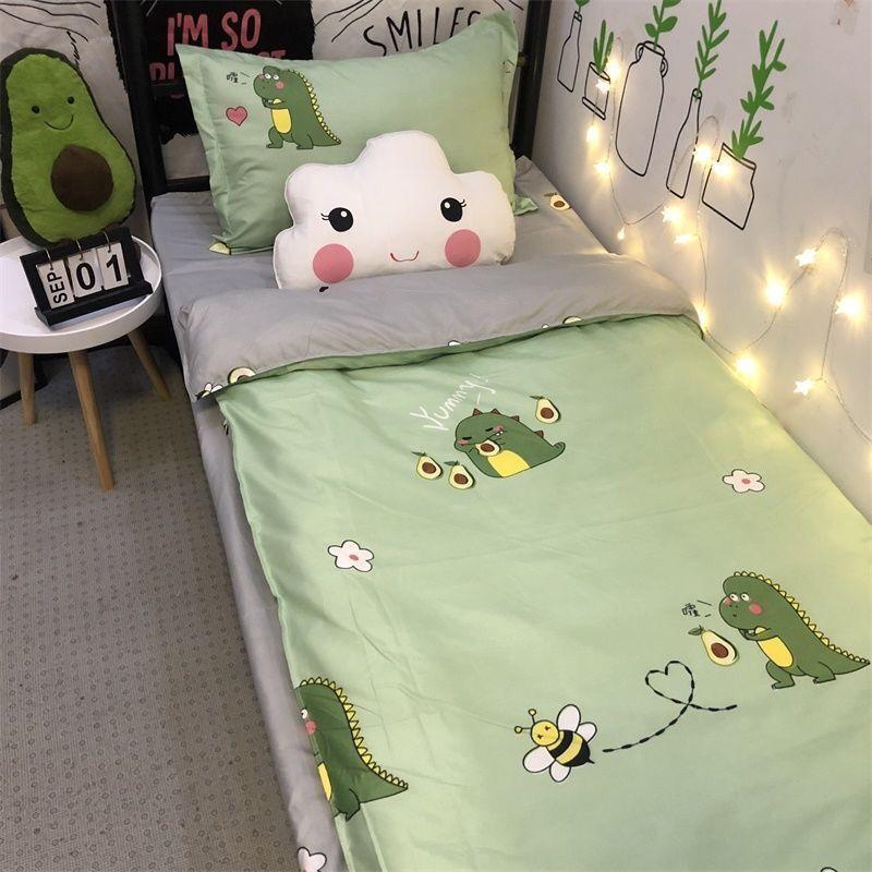 Three-piece Bed Set 1.2m Dormitory Bed Sheet Quilt Cover Pillowcase Set Bedding Striped Plaid Cute Style