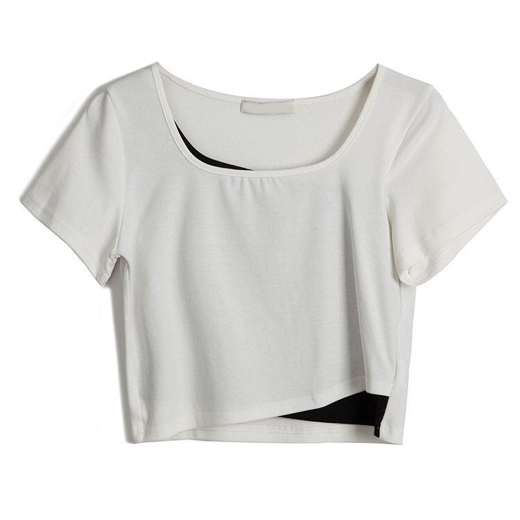 Spring Summer Women's Solid Color Short-sleeved Tops Fake Two-piece Stitching Short T-Shirts Are Thin Exposed