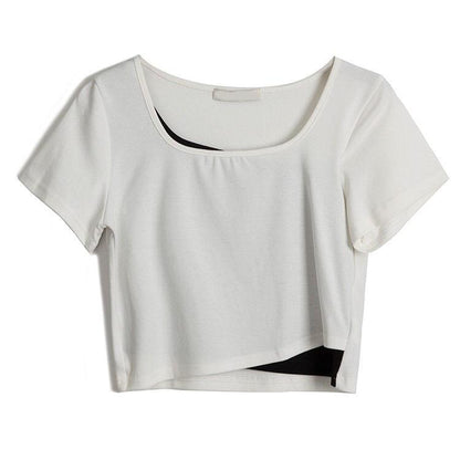 Spring Summer Women's Solid Color Short-sleeved Tops Fake Two-piece Stitching Short T-Shirts Are Thin Exposed