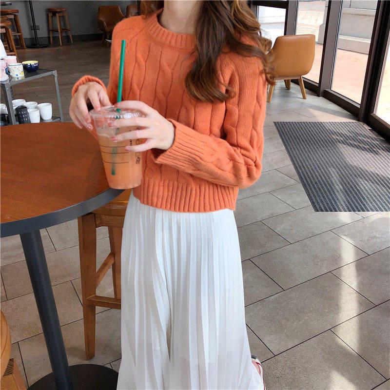 Female Fall Winter Pullover Plus Size Long Sleeve O-neck Loose Twist Weaving Print Office Sweater