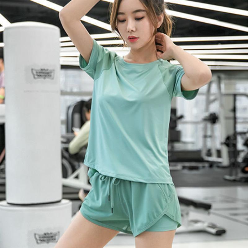 Yoga Clothing Solid Color Suit Quick-drying Short-sleeved Running Training Yoga Fitness Clothes Top Sports Suit Women