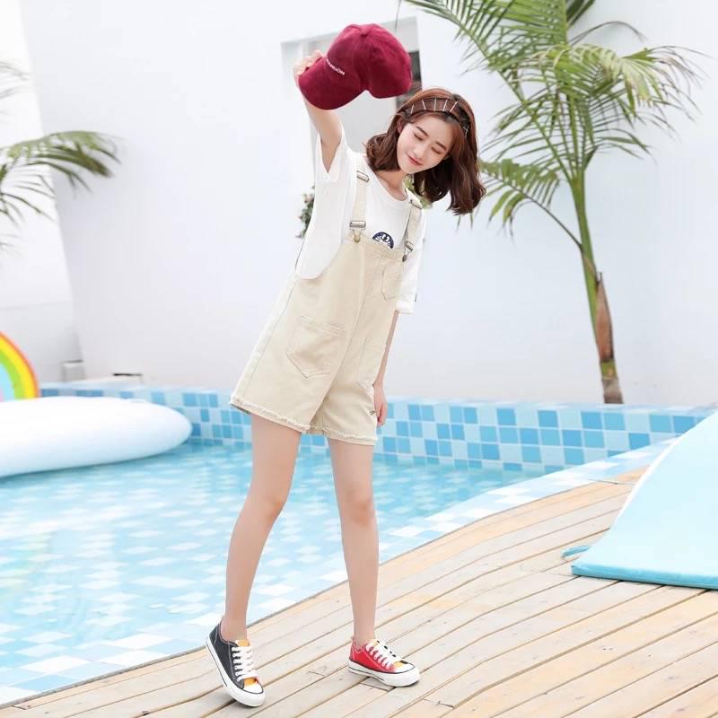 WTEMPO Summer Denim Strap Shorts Female Students New Loose Thin Embroidery Pink Leopard Strap Shorts