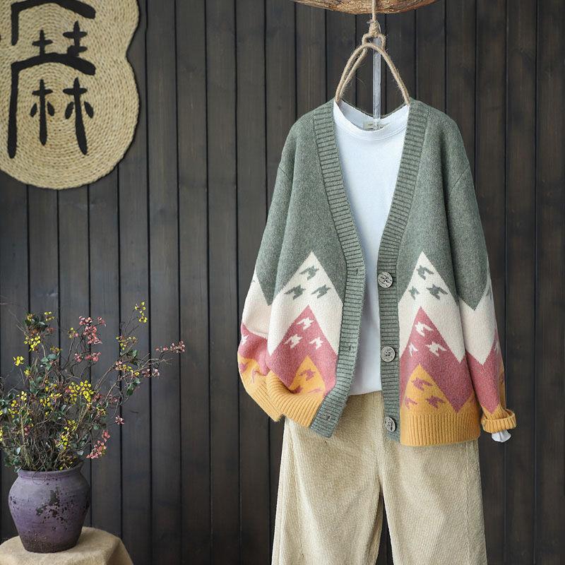 Color Matching Jacquard Knitted Sweater Cardigan Casual Versatile Knitted Sweater Jacket V-neck Long-sleeved Warm Retro Style
