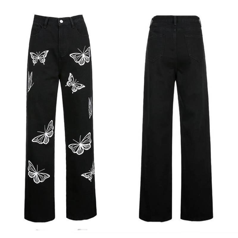 Design Butterfly Personality Print Jeans Female Korean Version of Retro Thin Loose Wild Black Straight Pants Tide