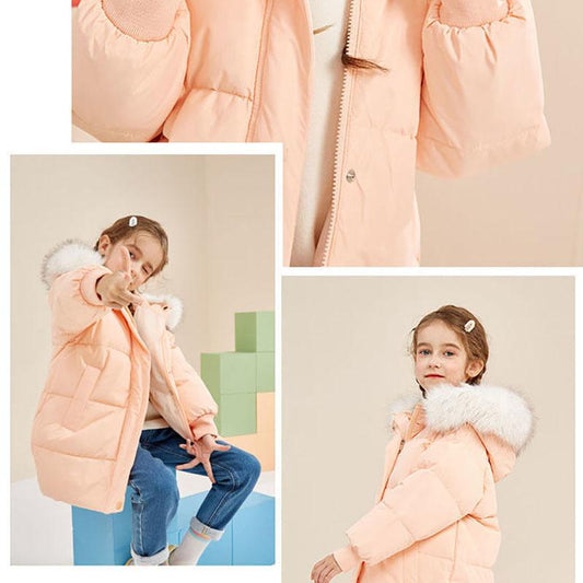 Children's Windproof Mid-length Girls' Warm Down Jacket Thickened Fur Collar Winter Coat