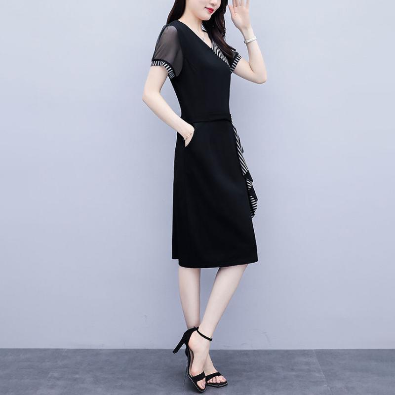 Black Dress Plus Size Women's Spring Summer New Style Temperament Covering Belly Waist Was Thinner Long Skirt