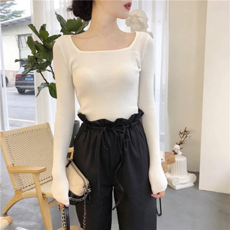 Pofulove Open Collarbone Square Collar Shirt Sweater Female Tight Bottoming Slim Student Sweater