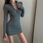 Sexy Knitted Dress with Zipper V-neck Long-sleeved Slim Bag Hip Skirt Female Long Top Slim-fit Sexy Cool Girl Exclusive