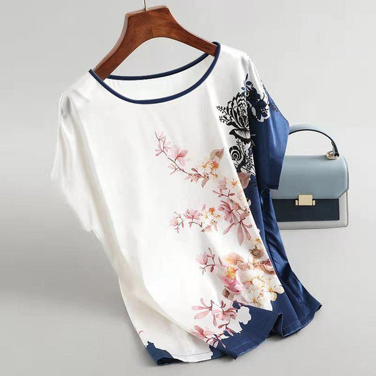 Ice Silk Fabric Printing Plus Size Women's Summer Short-sleeved Top Women's Summer Loose Cover Belly Was Thin