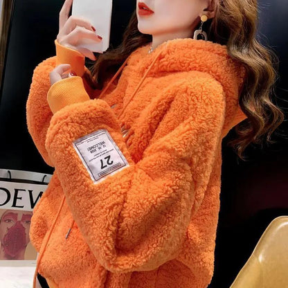 Autumn and Winter 2021 Plus Velvet Thick Loose Hooded Pullover Faux Lamb Wool Sweater Women Mid-length Top