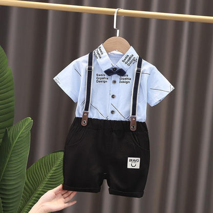 Korean Style Super Western Wedding Dress Boys Tide Clothes Suit Little Boy Short-sleeved Shirt Bib Two-piece Party