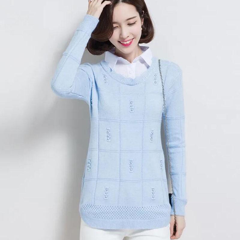 Autumn/winter Lapel Pullover Sweater Women's Plus Size Korean Style Slim Short Fake Two-piece Sweater Sweet Patchwork Knit Sweater Outwear